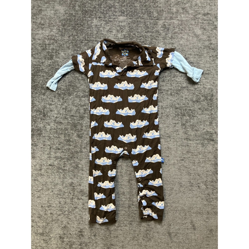 Kickee Pants One-Piece Romper Toddler Baby 6-12M Brown Blue All-Over Seal Print